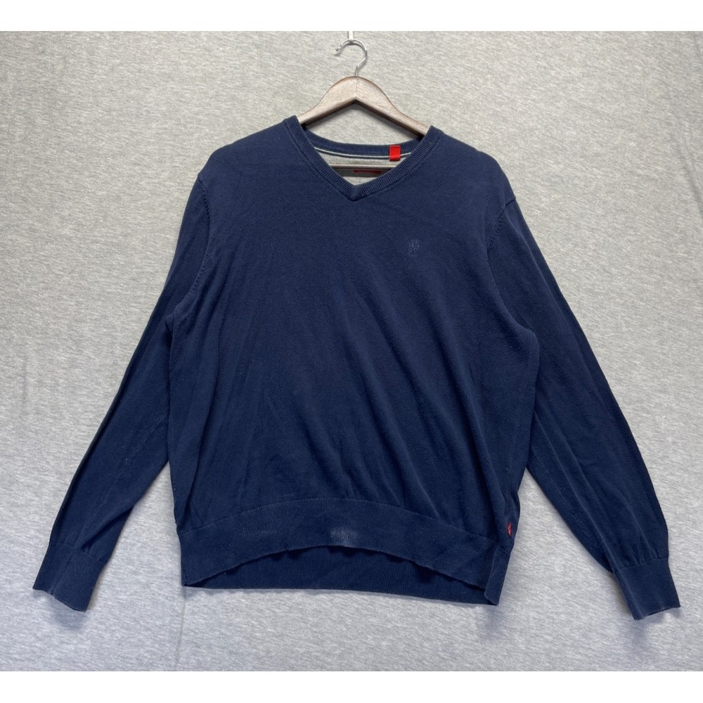 Izod Sweater Mens Large Navy Blue Cotton V Neck Tight Knit Ribbed Trim Winter
